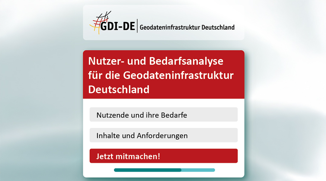 Nutzer- und Bedarfsanalyse der GDI-DE Oben das Logo von GDI, drunter in einem roten Rechteck in weißer Schrift: Nutzer- und Bedarfsanalyse für die Geodateninfrastruktur Deutschland